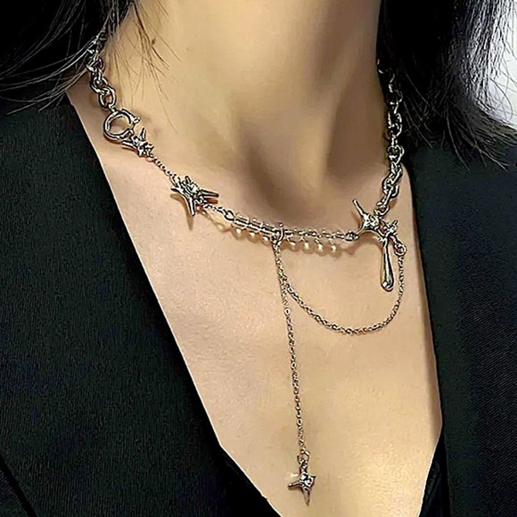 NEW SILVER DROP CROSS MULTILAYER LOLLITA PENDANT GOTHIC MINIMALIST NECKLACE - Picture 2 of 13